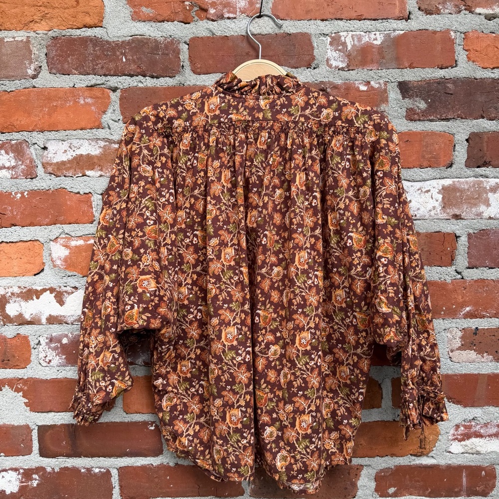 Doen Brown Floral Ruffle-Neck Button Front Blouse - Picture 5 of 10